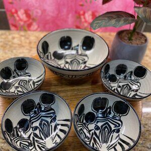 Dedza Malawi Five Piece Salad Bowl Set Hand Crafted Pottery Zebra Pattern
